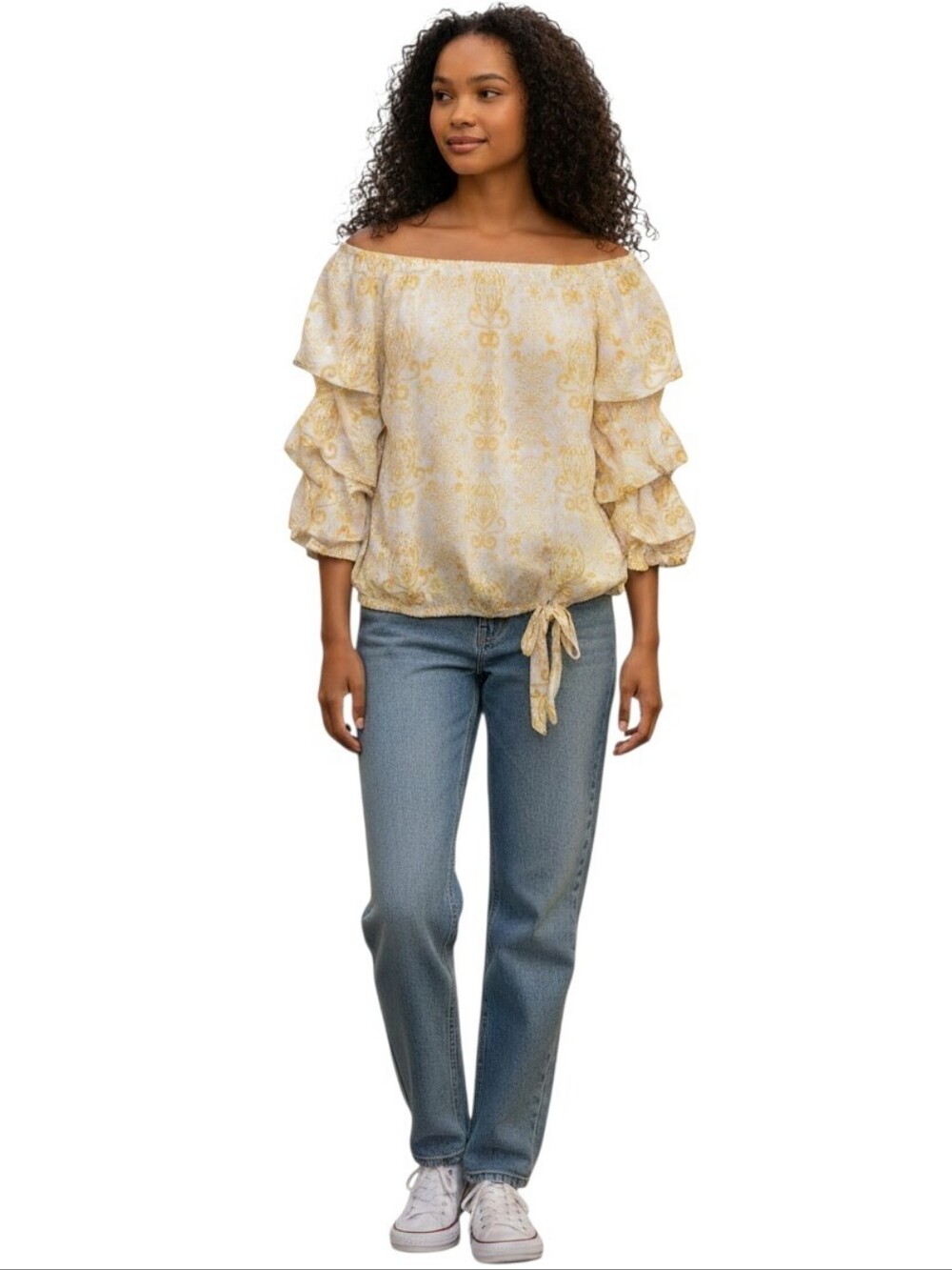 Linen Blend, Boho, Printed Off-Shoulder, With Rusched Sleeves SZ M